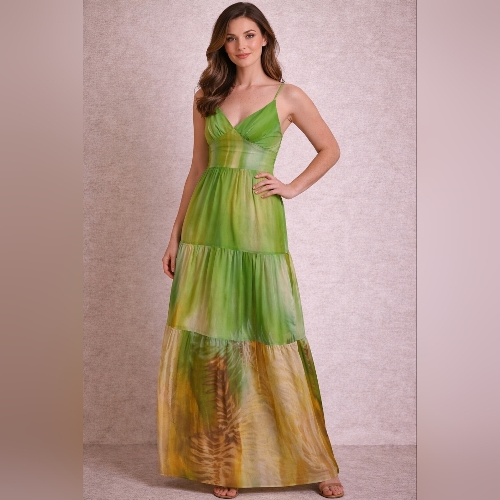 Lavender Brown Lime Ombre Maxi Dress SMOCKED BACK Whimsi Cottagecore Fairy NEW